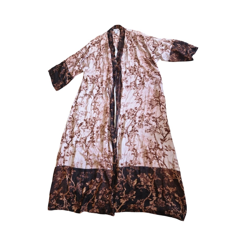 Soft Surroundings Floral Bird Print Kimono Duster Robe Brown Cream Large 25920